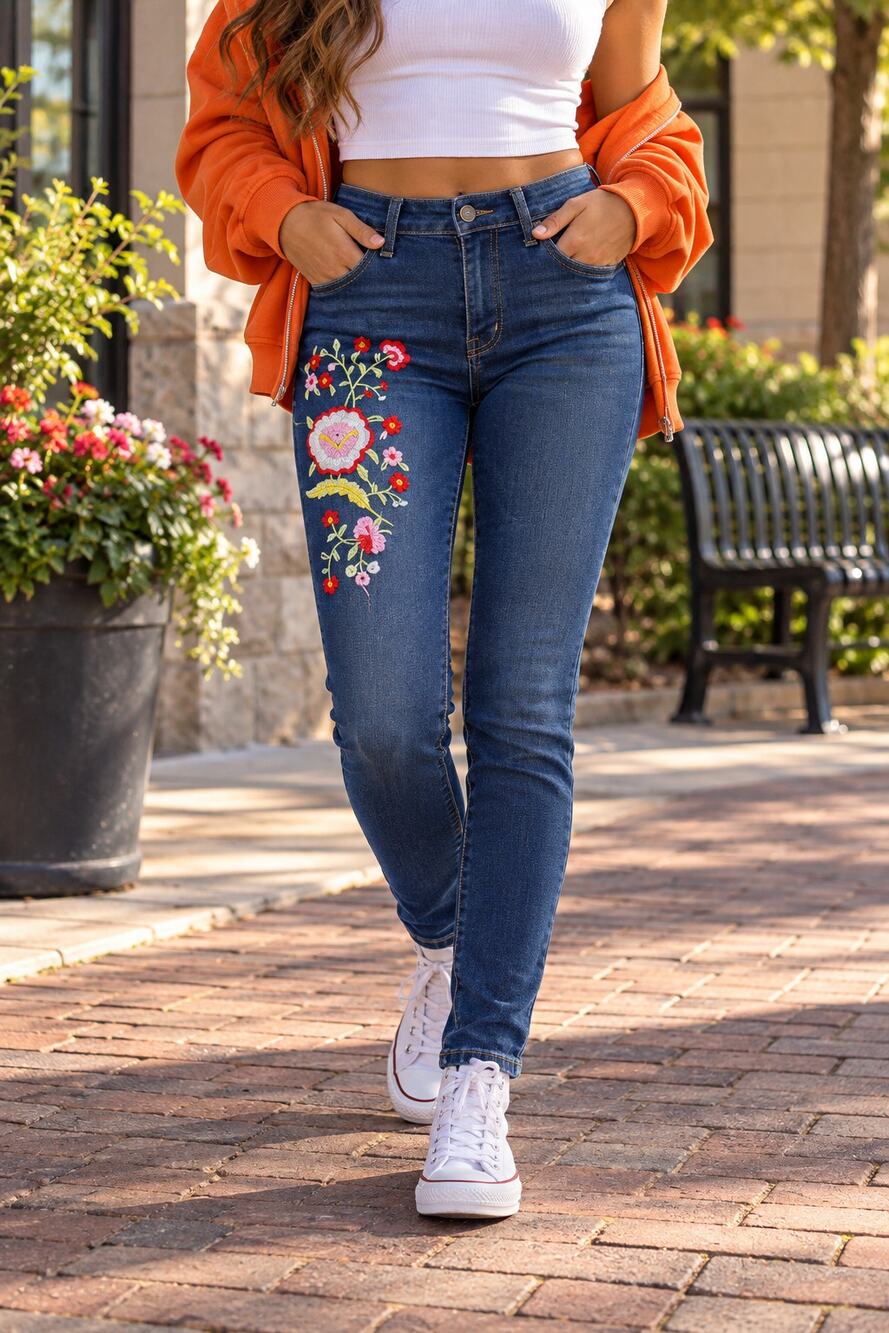 Machine Nouvelle Mode Skinny Leg Floral Embroidered Jeans Size 5 / 28 New